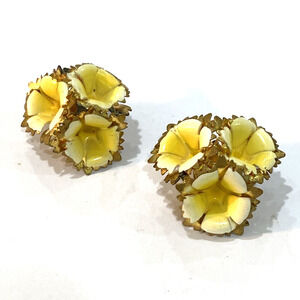 Vintage clip on earrings unique yellow enamel flowers trio flirty mid century